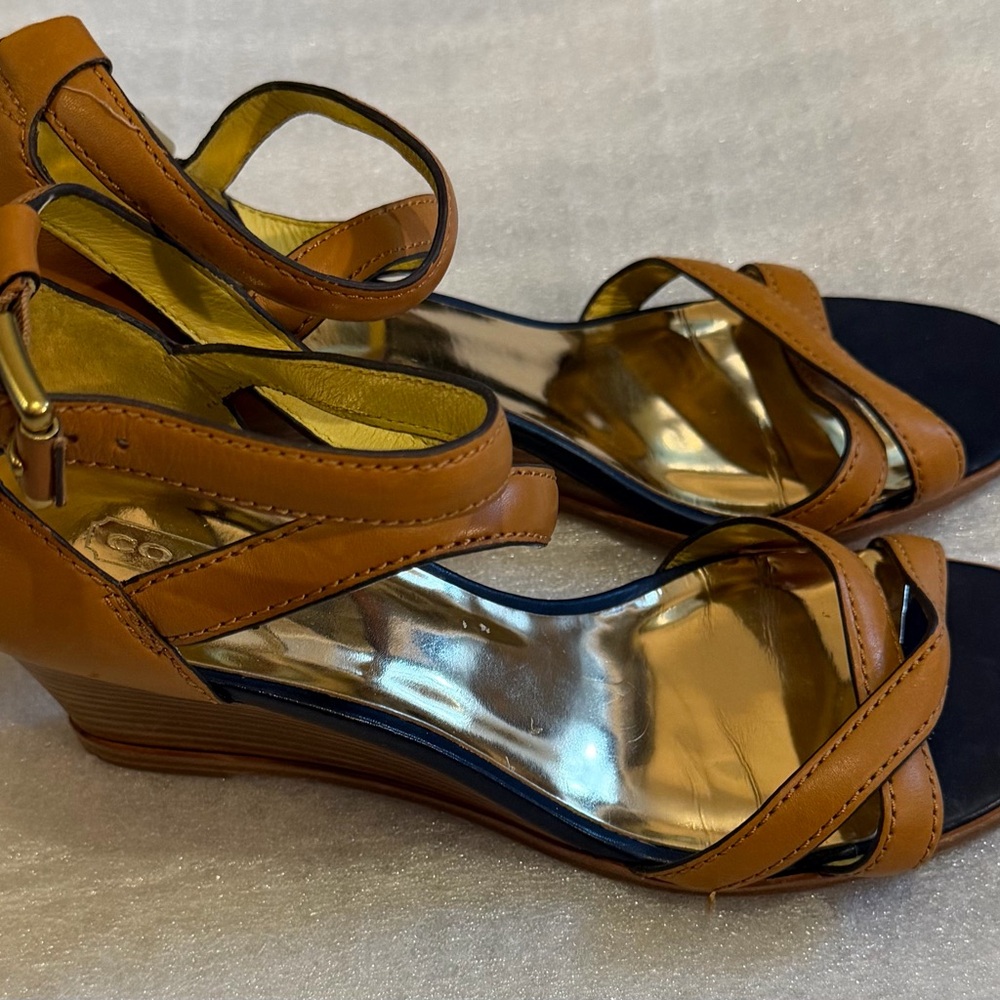 Coach CORETTA VEGAN Leather Wedge Heels in ginTan and Gold Strappy Heels in Ging - Picture 6 of 13